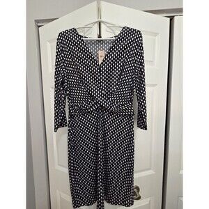 Ann Taylor Factory Midi Dress Dark Blue/Cream/Lilac Polka Dot 3/4 Sleeve ~LP NWT